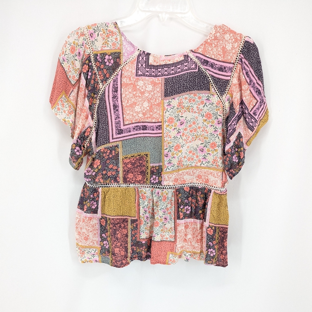 Olivaceous Patchwork Cottagecore Crop V-Neck Flou… - image 2